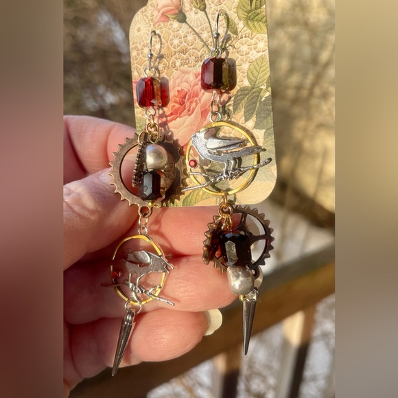 Goth Glam Red and Silver Bird Earrings - Picture 4 of 7